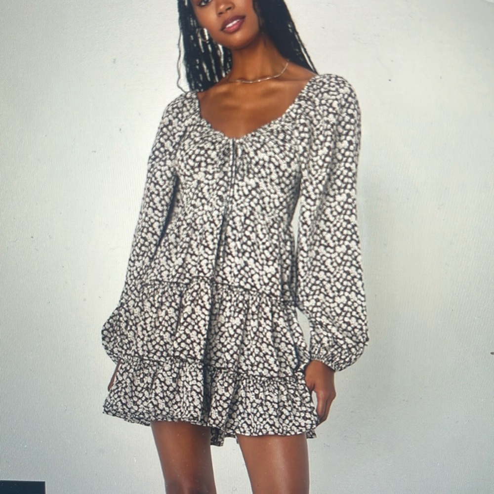 Lulus brown floral balloon sleeve skater mini dress
